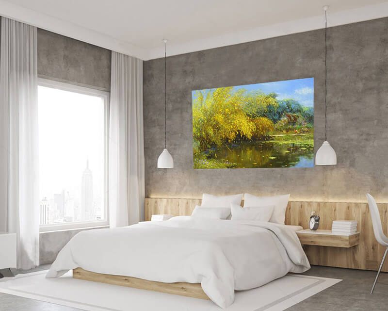 bedroom with landscape paintings by famous artirsts