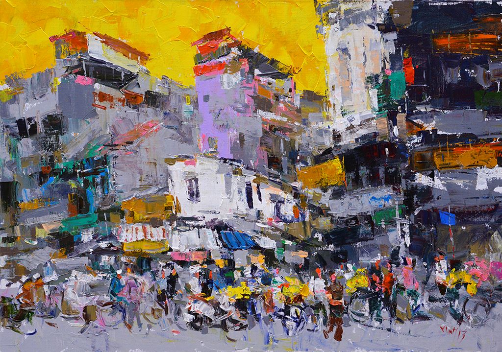 Hustle & Bustle Hanoi Street - Vietnamese Acrylic Painting by Artist Pham Hoang Minh