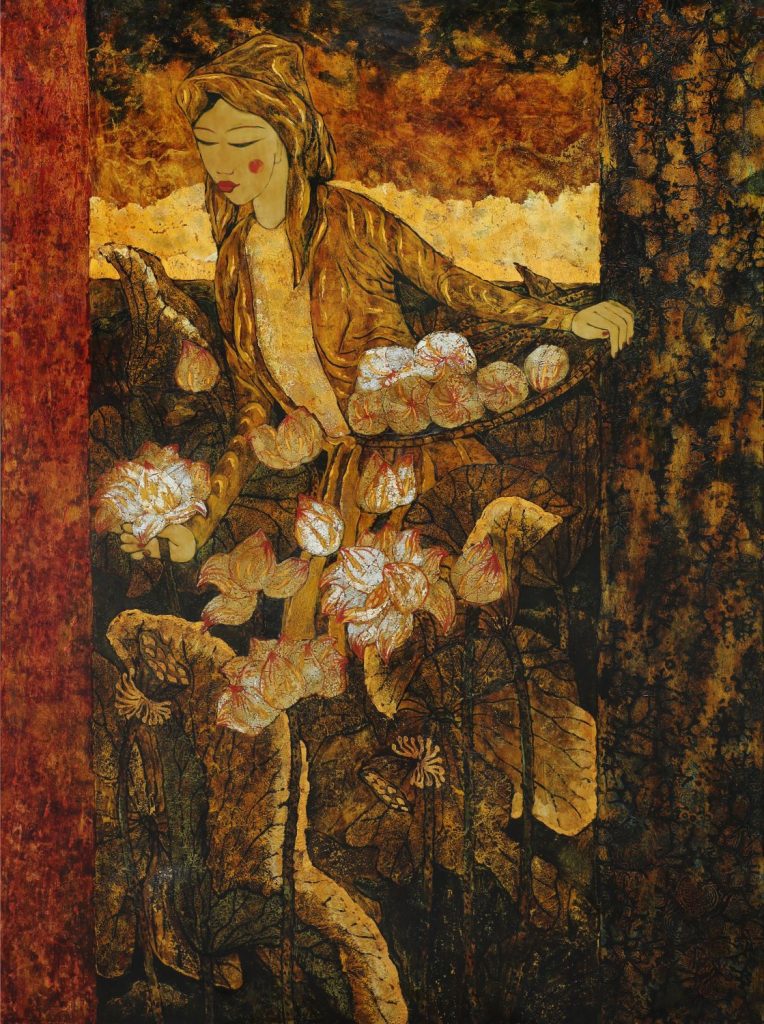 Lady & Lotus I - Vietnamese Lacquer Paintings by Artist Ngo Ba Cong