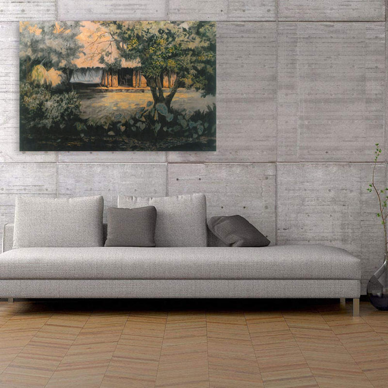 living room with landscape paintings