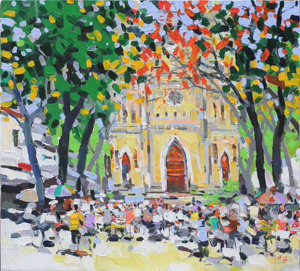 Market in Spring - Vietnamese Oi Painting by Artist Pham Hoang Minh