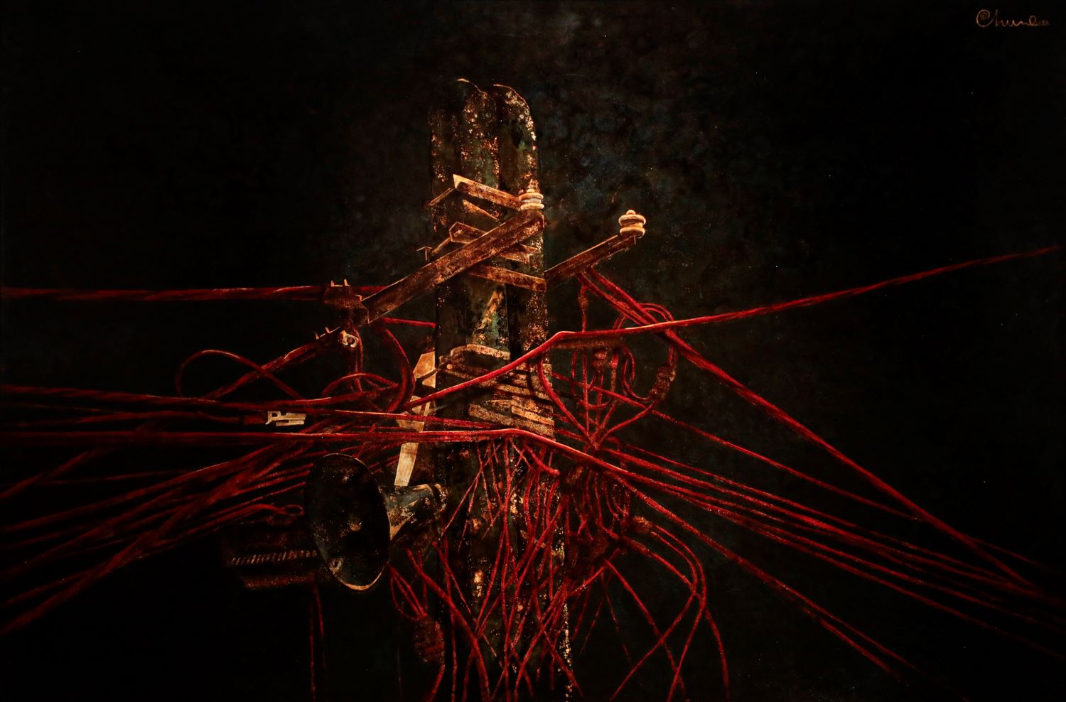 Power Pole - Vietnamese Lacquer Paintings by Artist Nguyen Thanh Chung