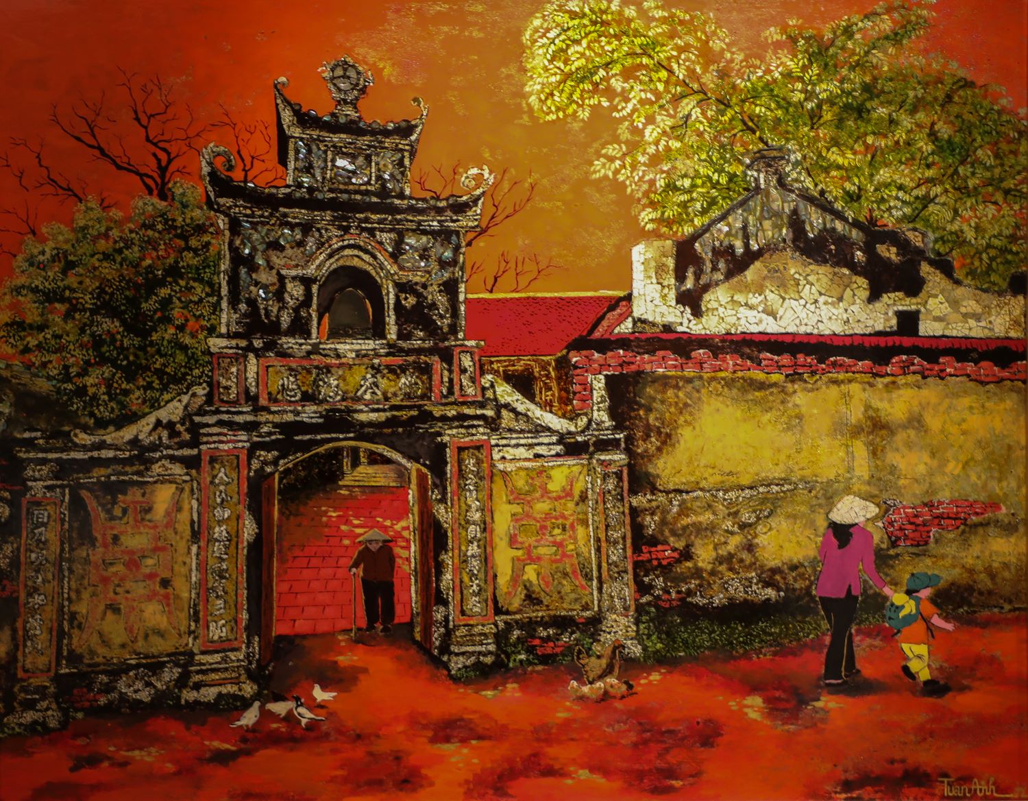 Sunlight in Hometown - Vietnamese Lacquer Painting by Artist Nguyen Tuan Anh