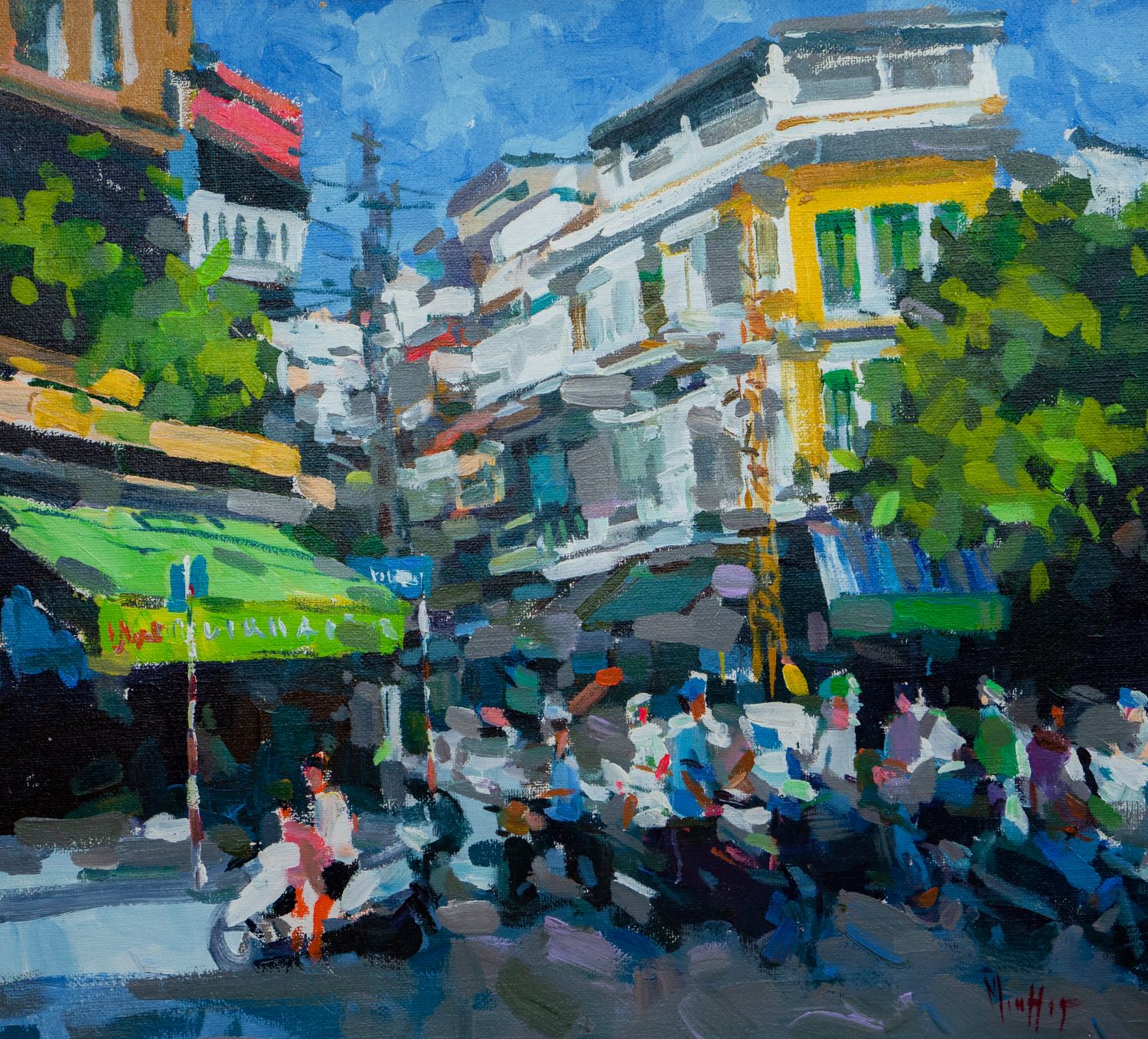 Ta Hien Street Corner - Vietnamese Oil Painting by Artist Pham Hoang Minh