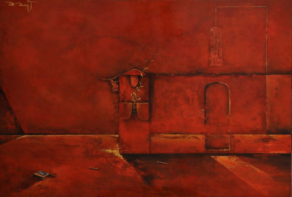 The Red Past II - Vietnamese Lacquer Painting by Artist Luong Duy